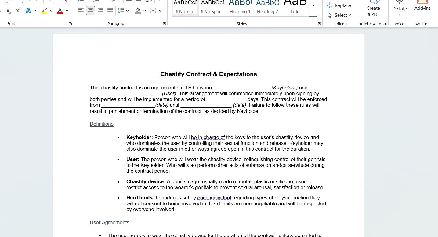 Male Chastity Contract Agreement Form Template