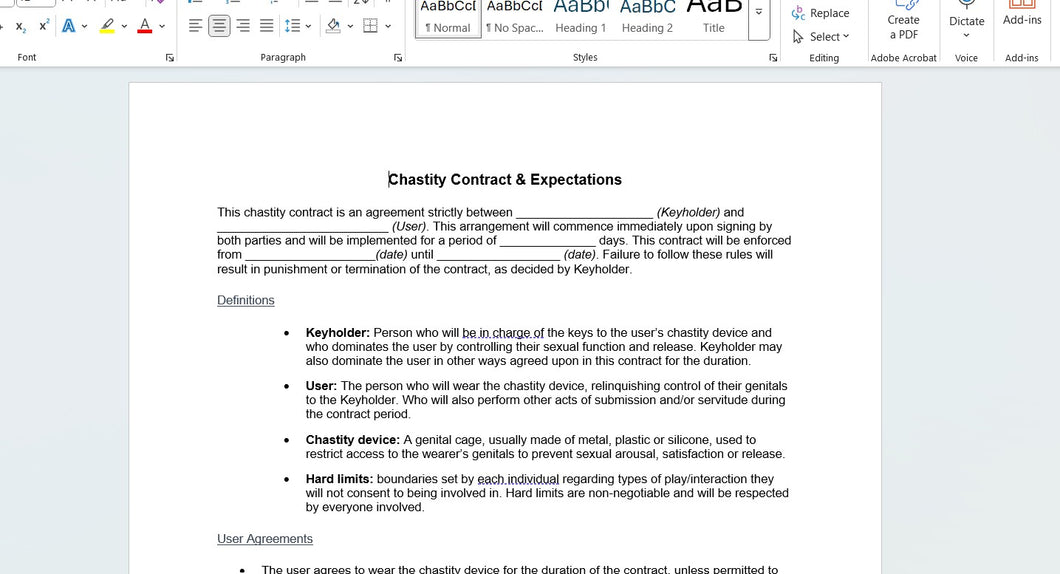 Male Chastity Contract Agreement Form Template