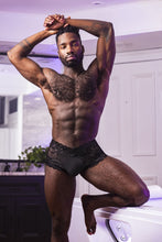 Load image into Gallery viewer, Male Power 127-280 Sassy Lace Mini Short Sheer Pouch Color Black