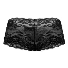 Load image into Gallery viewer, Male Power 127-280 Sassy Lace Mini Short Sheer Pouch Color Black