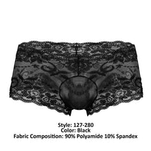 Load image into Gallery viewer, Male Power 127-280 Sassy Lace Mini Short Sheer Pouch Color Black